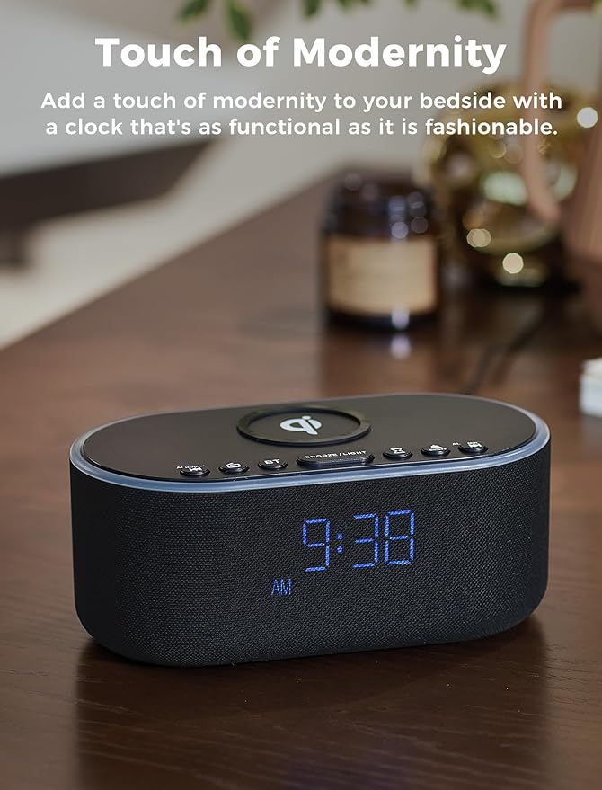 Wireless Charging Alarm Clock Radio: Qi Certified Fast Wireless Charger for iPhone Samsung - 10W Stereo Bluetooth Speaker - Dimmable Digital Clock with FM Radio for Bedroom Black