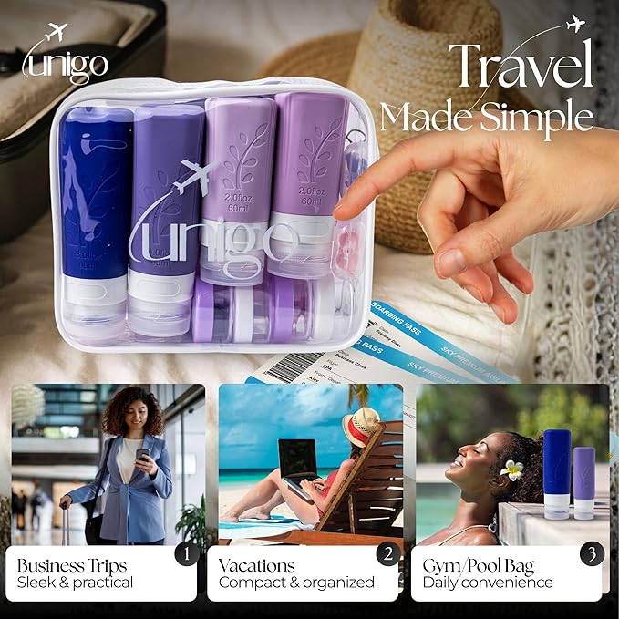 unigo Silicone Travel Bottles Set for Toiletries, Airplane Approved TSA Carry On Size, BPA Free Leakproof Refillable Squeeze Containers with Labels, Cleaning Brush and Covers (Purple)