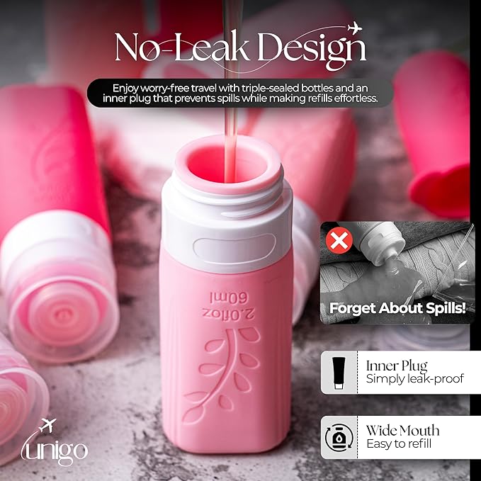 unigo Silicone Travel Bottles Set for Toiletries, Airplane Approved TSA Carry On Size, BPA Free Leakproof Refillable Squeeze Containers with Labels, Cleaning Brush and Covers (Pink)