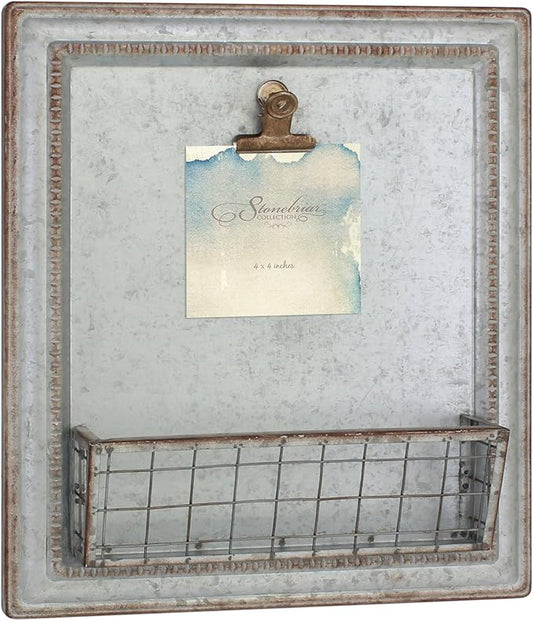 Stonebriar Rustic Galvanized Metal Magnetic Memo Board for Wall with Clip and Wire Basket