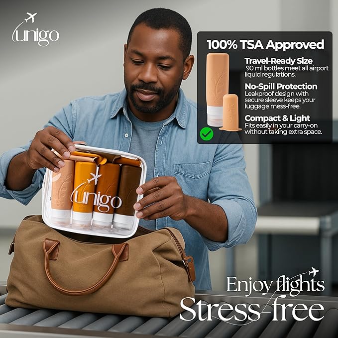 unigo Silicone Travel Bottles Set for Toiletries, Airplane Approved TSA Carry On Size, BPA Free Leakproof Refillable Squeeze Containers with Labels, Cleaning Brush and Covers (Apricot)