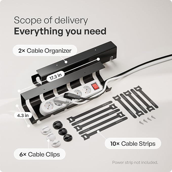 PAMO Cable Management Under Desk for Easy mounting Under-Table I Set of 2 - with 10X Cable Ties I Desk Organizer for Office/Home Office Table Thoughtful Cable Tray Holder