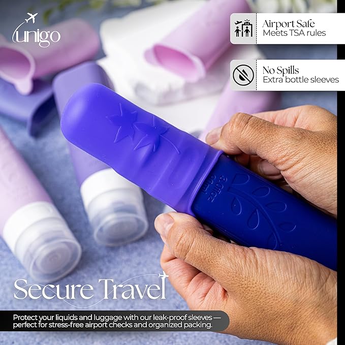 unigo Silicone Travel Bottles Set for Toiletries, Airplane Approved TSA Carry On Size, BPA Free Leakproof Refillable Squeeze Containers with Labels, Cleaning Brush and Covers (Purple)
