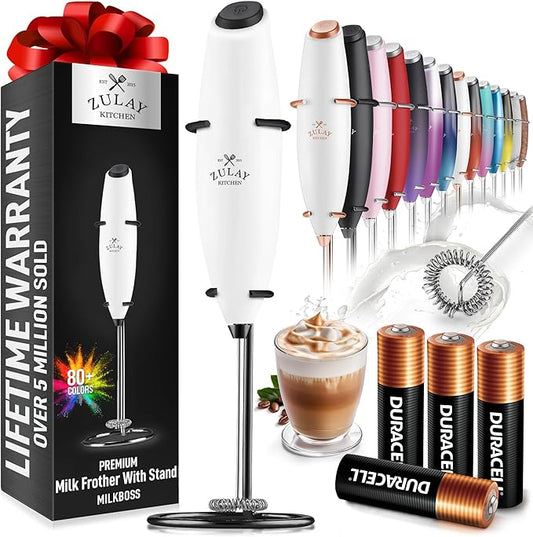 Zulay Kitchen Powerful Milk Frother Wand With 4 AA Duracell Batteries - Ultra Fast Handheld Drink Mixer - Electric Whisk Foam Maker for Coffee, Lattes, Cappuccino, Matcha & Creamer