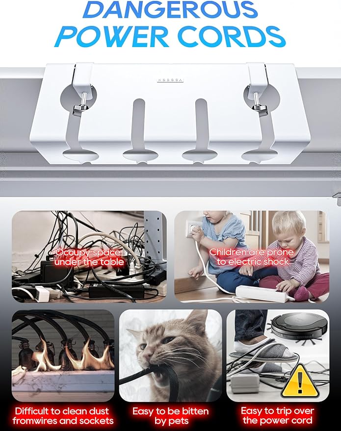 NODOCA No Drill Under Desk Cable Management Tray, 17'' Wire Management, Punch-Free Clamp on, Metal Cable Tray, Wire Organizer Under Desk, Under Desk Basket for Office and Home, White(2 Packs)