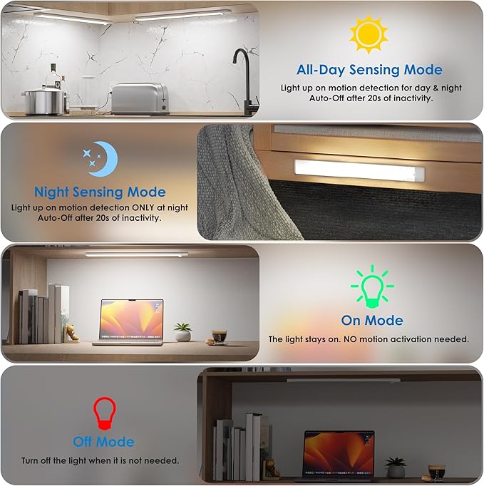 15.9 inch Motion Sensor Under Cabinet Lights, Magnetic Rechargeable Under Counter Closet Light, Wireless Night Light Bar Stick-On, Cool White, 2-Pack