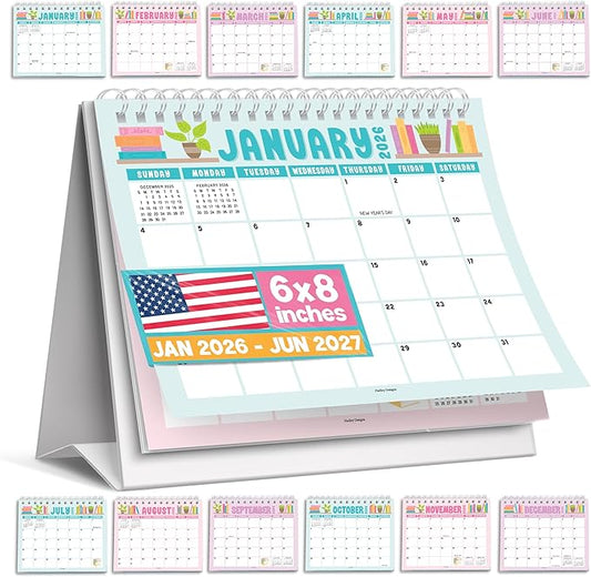 Small Desk Calendar 2026-2027 - Standing Flip Desk Calendars 2026, 18 Months Stand Up Calendars from Jan 2026 to June 2027, Colorful Desktop Calendar Planner for Home, School, Office