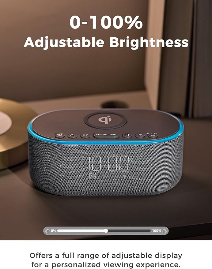Wireless Charging Alarm Clock Radio: Qi Certified Fast Wireless Charger for iPhone Samsung - 10W Stereo Bluetooth Speaker - Dimmable Digital Clock with FM Radio for Bedroom Gray