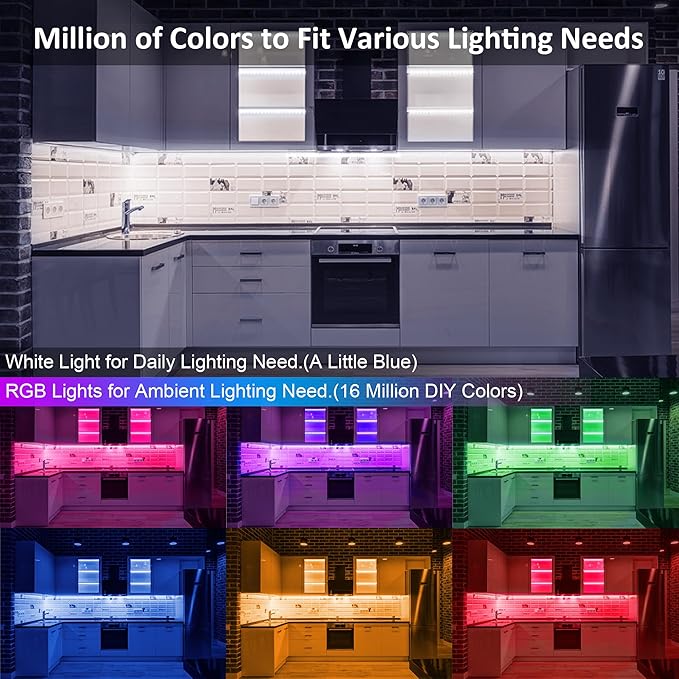3 Pcs RGB Under Cabinet Lights Kit, Smart App and Remote Control Under Cabinet Lighting, Dimmable Under Counter Lights for Kitchen, Plug in LED Lights Bar for Cabinet, Counter, Workbench, Desk