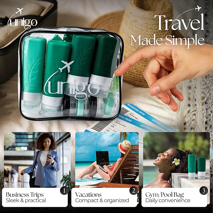 unigo Silicone Travel Bottles Set for Toiletries, Airplane Approved TSA Carry On Size, BPA Free Leakproof Refillable Squeeze Containers with Labels, Cleaning Brush and Covers (Green)