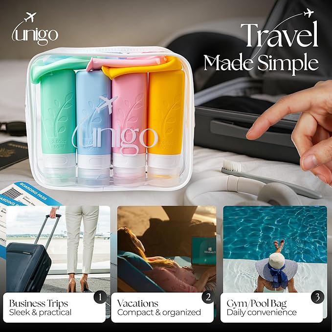 unigo Silicone Travel Bottles Set for Toiletries, Airplane Approved TSA Carry On Size, BPA Free Leakproof Refillable Squeeze Containers with Labels, Cleaning Brush and Covers (Multicolor A)