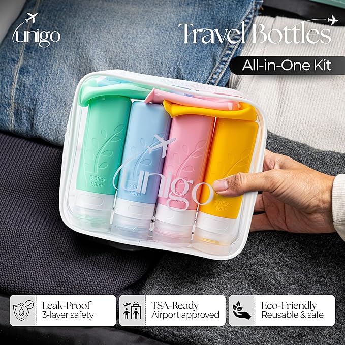 unigo Silicone Travel Bottles Set for Toiletries, Airplane Approved TSA Carry On Size, BPA Free Leakproof Refillable Squeeze Containers with Labels, Cleaning Brush and Covers (Multicolor A)