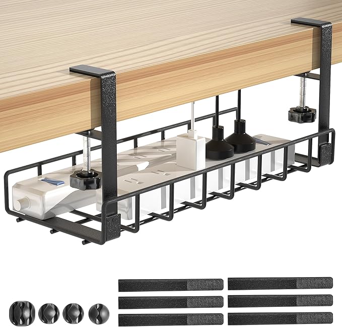 Under Desk Cable Management Tray, Xpatee Upgraded Wire Management No Drill No Screws, Cable Tray with Clamp for Wire Organizers, Computer Cord Rack for Office, Home - No Damage to Desk Black