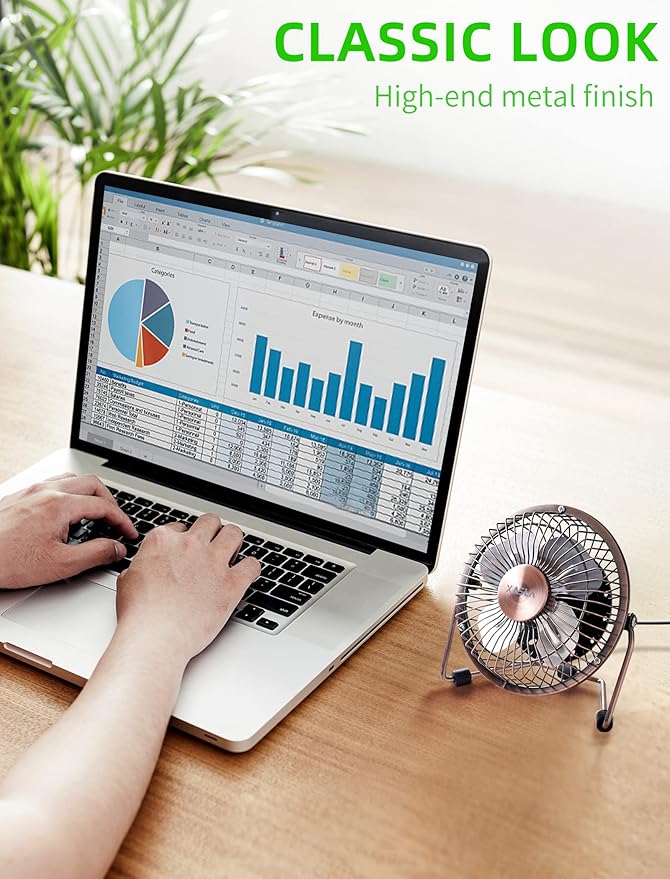 xasla 4 Inch Small USB Desk Fan, Mini Quiet Fan with Metal Construction & Strong Airflow & 360°Adjustable Tilt Angle, Personal Cooling Fan for Desktop Office (Bronze)