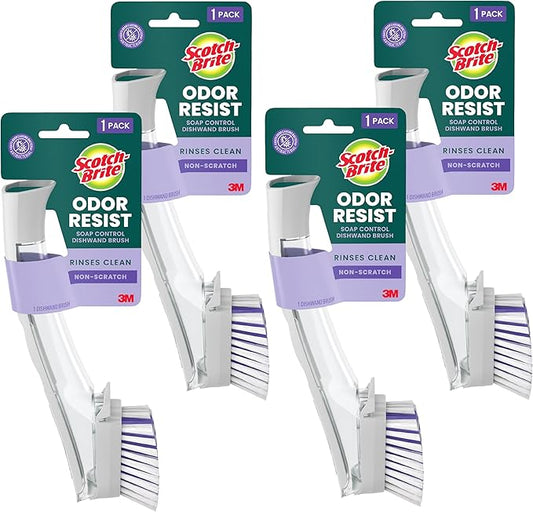 Scotch-Brite Odor Resist Soap Control Dishwand Brush, Non-Scratch Cleaning Brush with Scraper, Stands Upright, 4-Pack