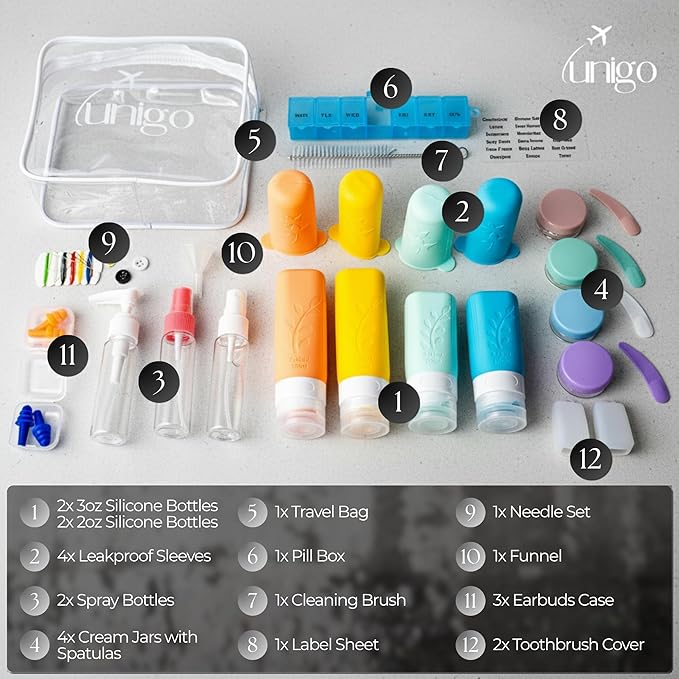 unigo Silicone Travel Bottles Set for Toiletries, Airplane Approved TSA Carry On Size, BPA Free Leakproof Refillable Squeeze Containers with Labels, Cleaning Brush and Covers (Multicolor A)
