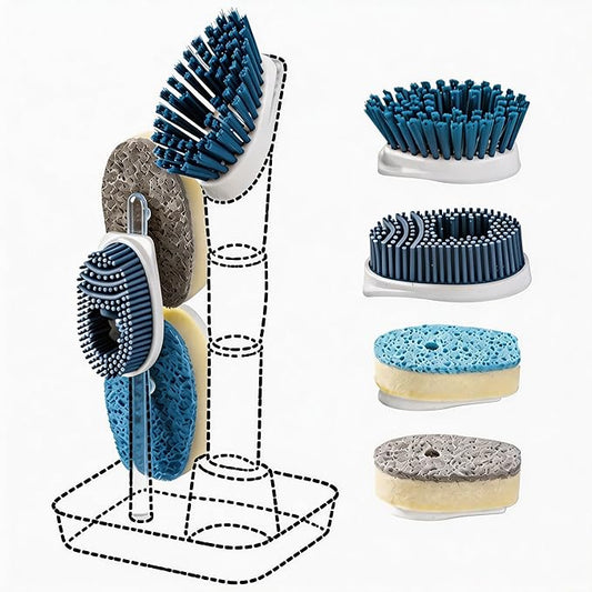 Soap Dispensing Scrub Dish Brush Head Replacements - 4 Kitchen Cleaning Brush Dish Wand Head, Scraper Heads for Stubborn Grime on Pots Pans, Stand/Hang Storage-Blue