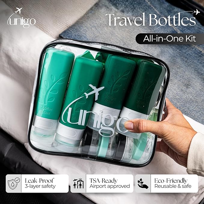 unigo Silicone Travel Bottles Set for Toiletries, Airplane Approved TSA Carry On Size, BPA Free Leakproof Refillable Squeeze Containers with Labels, Cleaning Brush and Covers (Green)