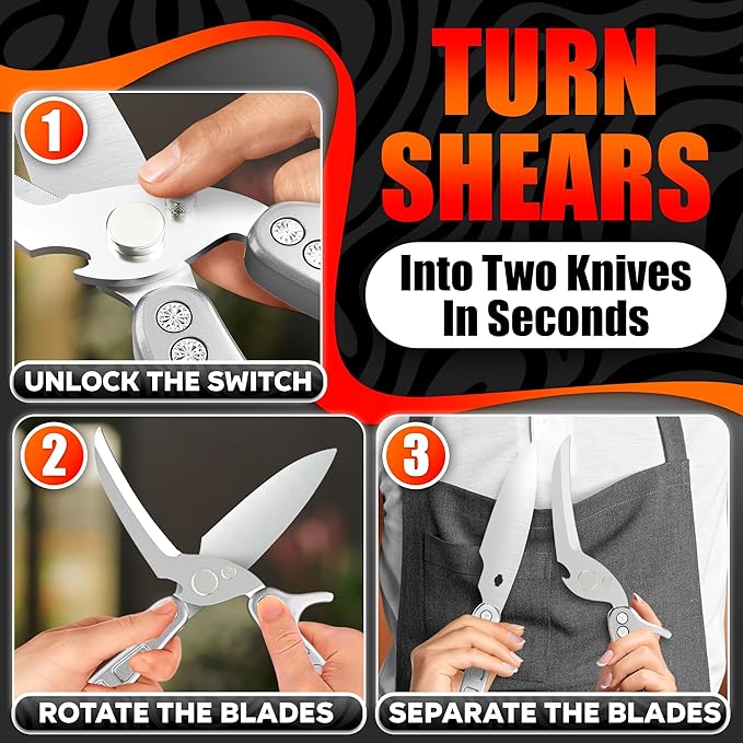 4-in-1 Multifunctional Heavy Duty Kitchen Shears – Spring-Loaded Sharp Seafood, Fish, Turkey & Chicken Kitchen Utility Scissors | Non-Slip Handle, Safety Lock & Micro-Serrated Blades for Bones(Silver)