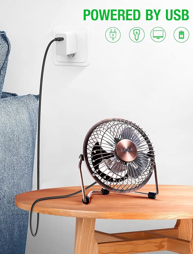 xasla 4 Inch Small USB Desk Fan, Mini Quiet Fan with Metal Construction & Strong Airflow & 360°Adjustable Tilt Angle, Personal Cooling Fan for Desktop Office (Bronze)