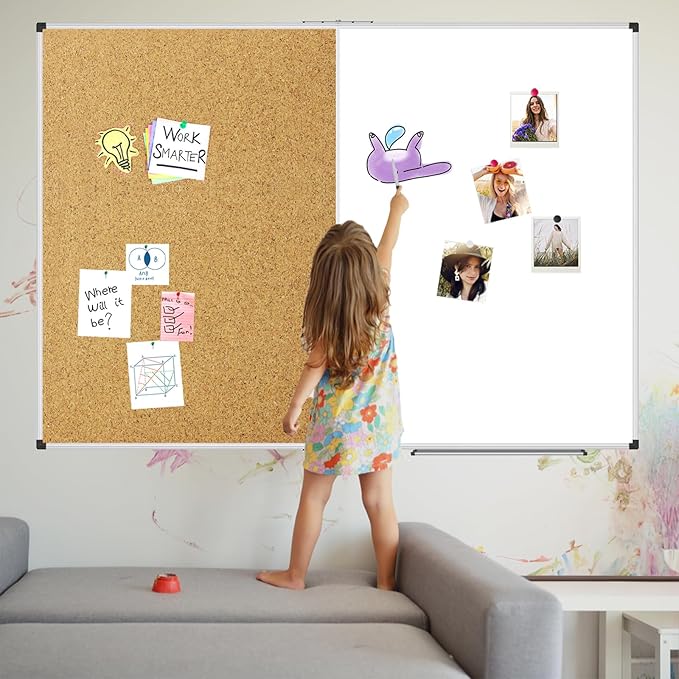XBoard Large Magnetic White Board and Bulletin Corkboard Combination, 48 x 36 Inch Half Dry Erase & Cork Combo Board for Wall with Aluminum Frame, 4' x 3' Notice Memo Board Pin Board Vision Board