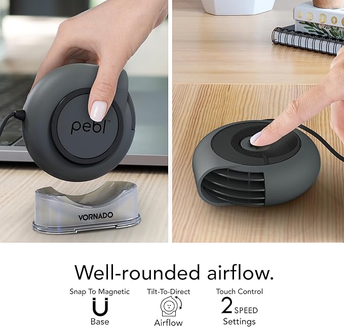 Vornado PEBL Portable Desk Fan, USB Fan, Magnetic Base, Adjustable Airflow, Personal Spot-Cooling, 2 Speed Settings, Included Wall Adapter, Perfect as Home, Office, or Travel Fan