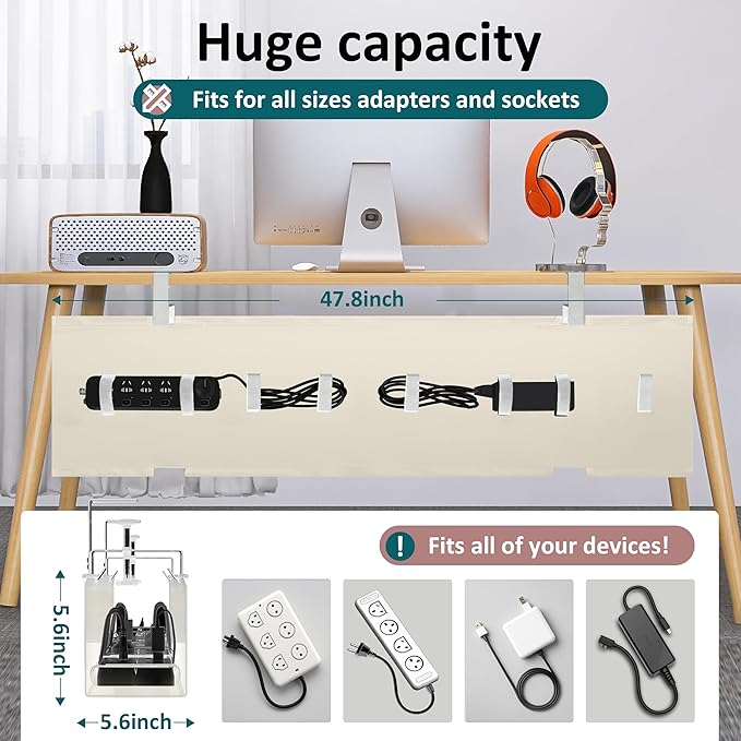 Extra Large 48" Under Desk Cable Management Tray for Standing Desk, No Drill Clamp On Wire Hider, Heavy Duty Anti-Sag Cord Organizer, Cable Tray for Studio & Dual Monitors (Beige, 47.8")