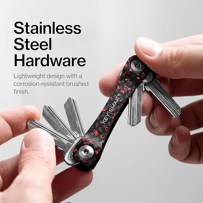 KeySmart Original Key Holder - Compact Key Organizer for Key Chain, Minimalist Clutter-Free EDC Keychains Key Ring, Red Forged Carbon Fiber, 14 Keys