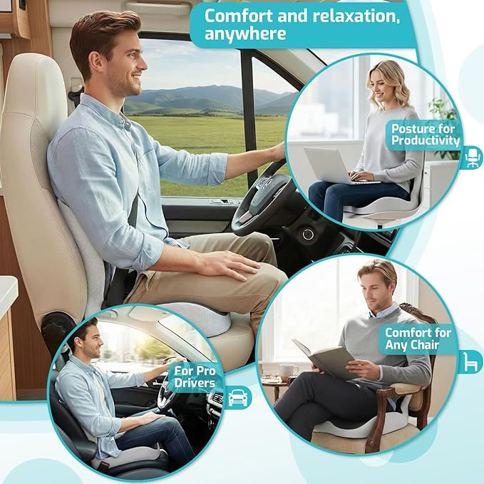 Trucker Seat Cushion, Car Seat Cushions with Lumbar Support Pillow, Ergonomic L-Shaped Orthopedic Memory Foam Pad for Long Driving Back Pain Sciatica Relief, Drivers Office Workers (Black+LGrey)