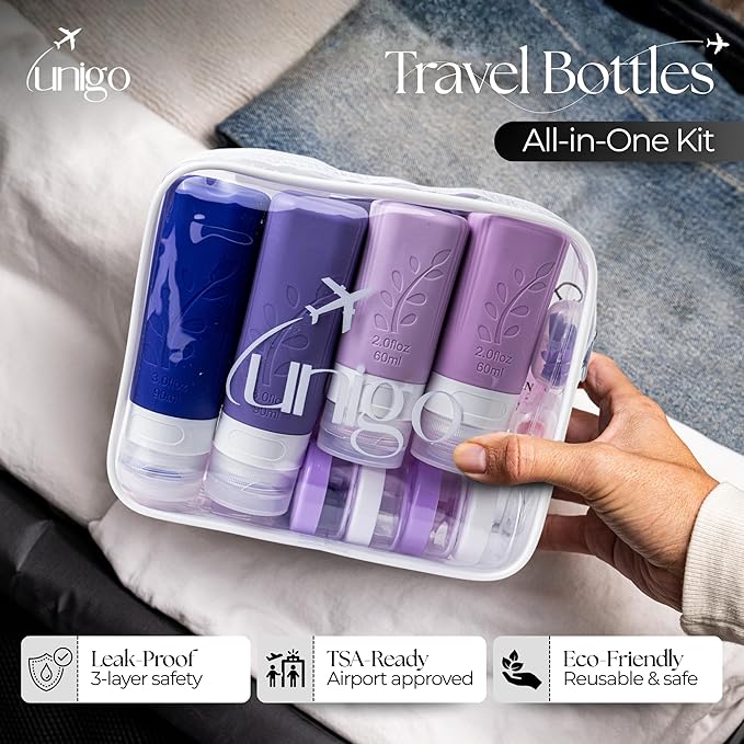 unigo Silicone Travel Bottles Set for Toiletries, Airplane Approved TSA Carry On Size, BPA Free Leakproof Refillable Squeeze Containers with Labels, Cleaning Brush and Covers (Purple)