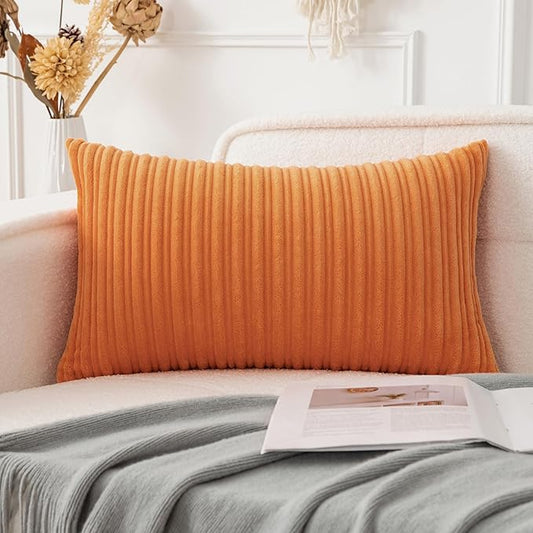 UGASA Fall Decorative Soft Velvet Stripe Lumbar Pillow Cover 1 Pack Solid Corduroy Textured Euro Oblong Cushion Case for Couch Bedroom Sofa Farmhouse, 12x20 Inch, Orange