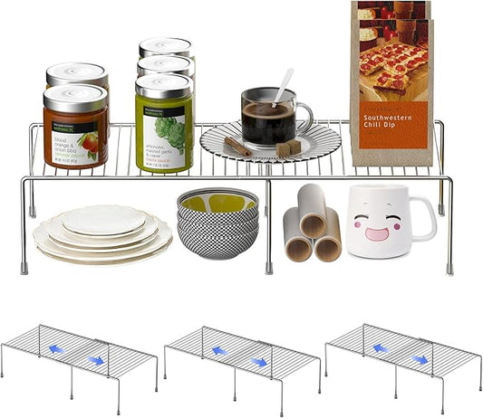 Redrubbit Cabinet Storage Shelf Rack, Expandable Metal Rustproof Kitchen Counter and Cabinet Shelf, Storage Rack Organizer Space Saver for Kitchen, Fridge, Cabinet, Bathroom, Chrome, Set of 4