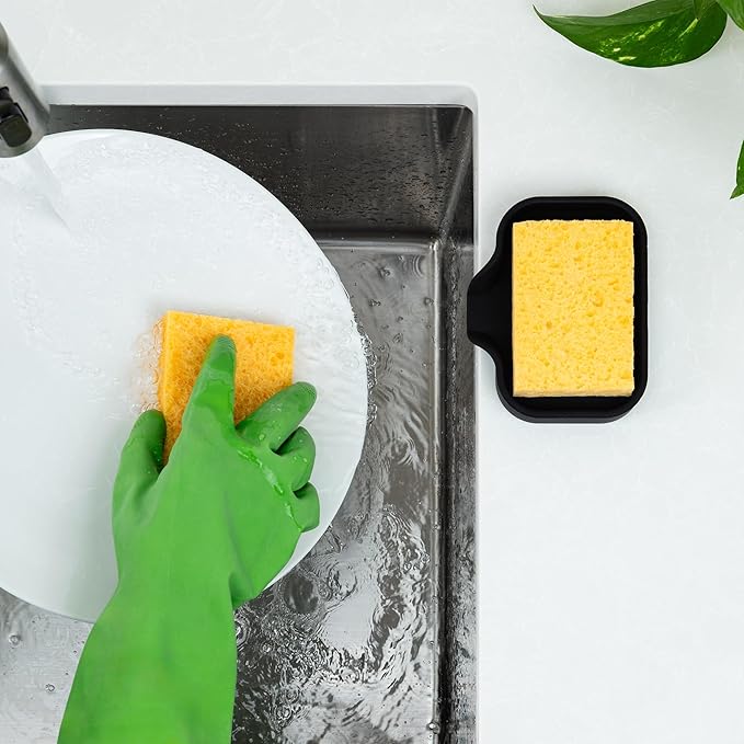 Zulay Kitchen Small Silicone Sponge Holder (4.9x3.3”) – Space-Saving Sink Organizer Tray for Sponge, Soap, Brush & More – Compact Non-Slip Dish for Kitchen & Bathroom (Black)