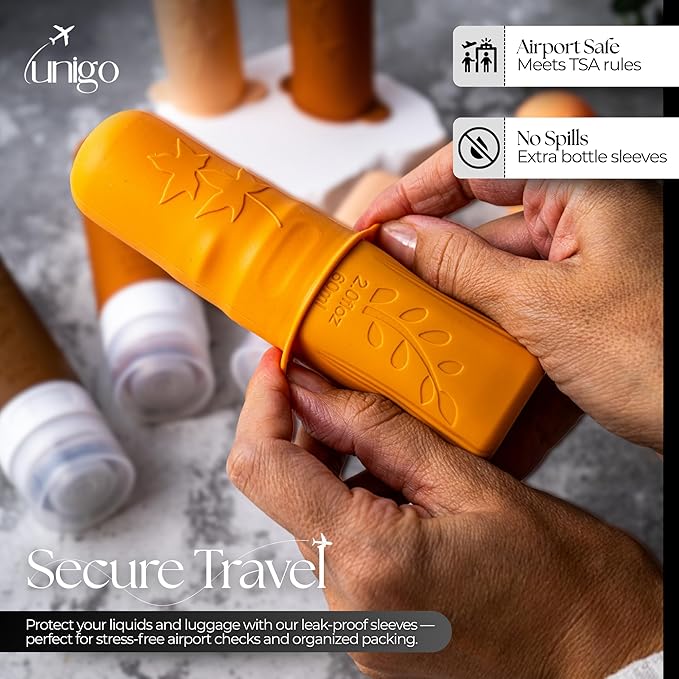 unigo Silicone Travel Bottles Set for Toiletries, Airplane Approved TSA Carry On Size, BPA Free Leakproof Refillable Squeeze Containers with Labels, Cleaning Brush and Covers (Apricot)