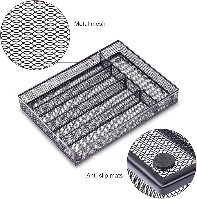 WuGeShop Office Desk Drawer Organizer, 5 Compartments Mesh Drawer Organizer Tray for Storage Art Supplies, Stationery, Black
