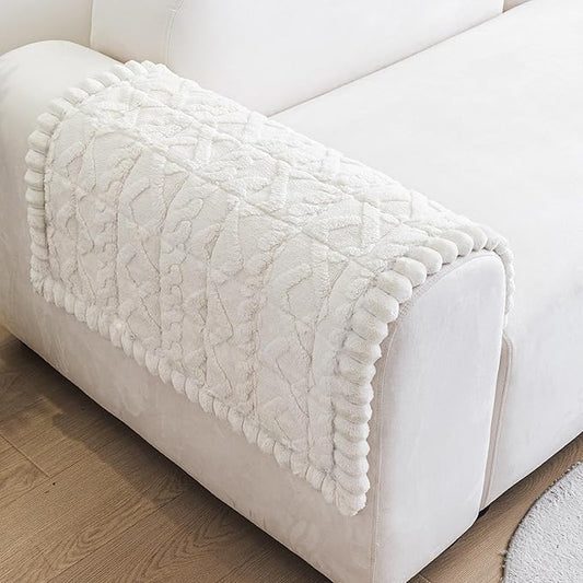 Non Slip Couch Arm Covers, Soft Recliner Backrest Cover Washable, Thick Fuzzy Armrest Covers for Sofa, Plush Armchair Arm Rest Slipcovers Couch Protector(1,Beige White,27.6"x27.6")