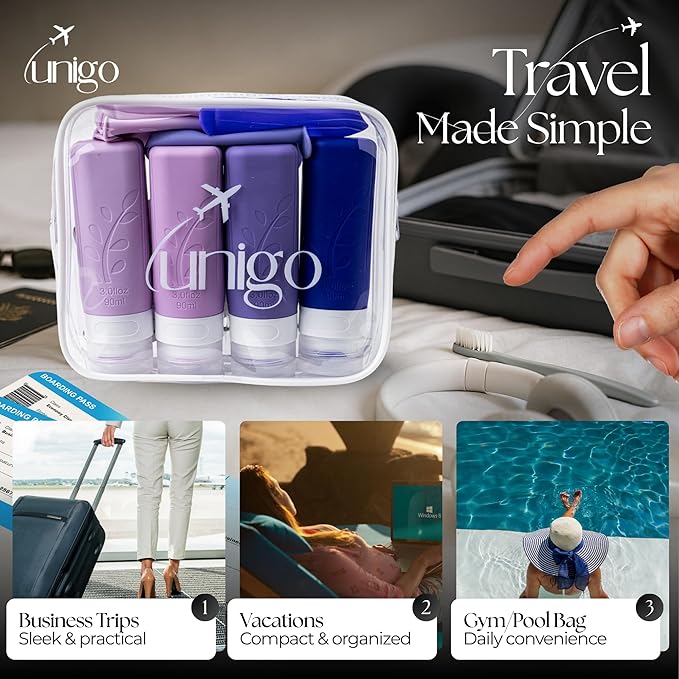 unigo Silicone Travel Bottles Set for Toiletries, Airplane Approved TSA Carry On Size, BPA Free Leakproof Refillable Squeeze Containers with Labels, Cleaning Brush and Covers (Purple)