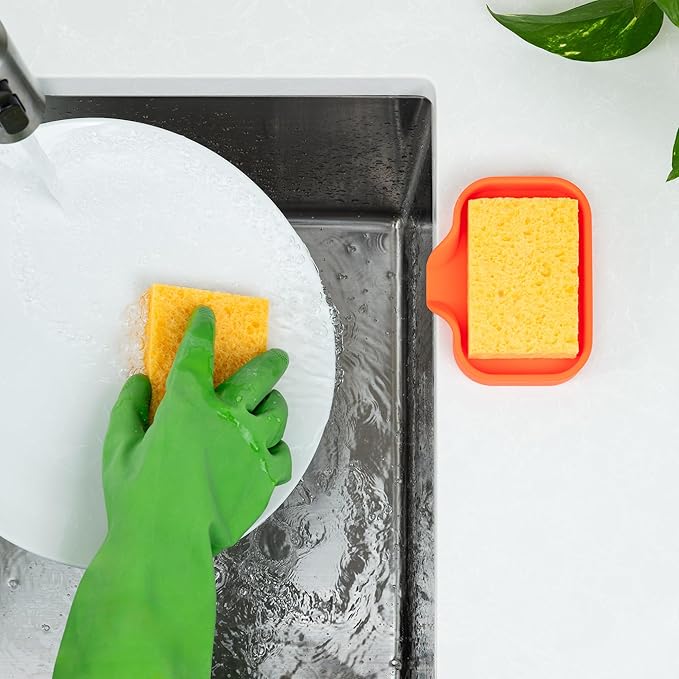 Zulay Kitchen Small Silicone Sponge Holder (4.9x3.3”) – Space-Saving Sink Organizer Tray for Sponge, Soap, Brush & More – Compact Non-Slip Dish for Kitchen & Bathroom (Orange)