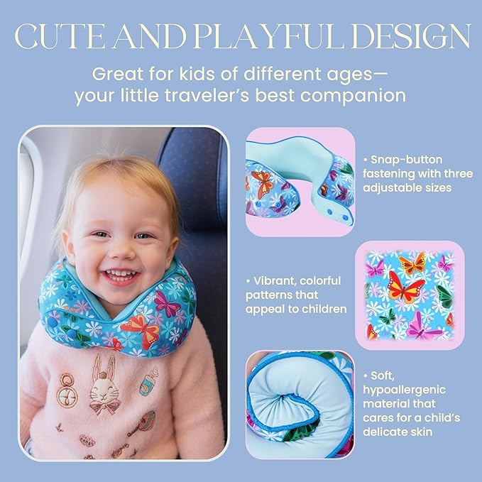 SKYTRAX® Certified Kids Safe Memory Foam Travel Neck Pillows for Kids and Toddlers Cute Cartoon Design, Car Seat & Airplane Head Neck Support, Adjustable Snap Buttons Washable Soft Cover (Butterfly)