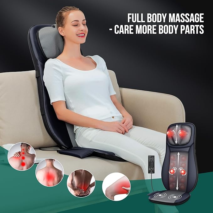 Snailax Shiatsu Neck Back Massager with Heat, Full Body Massage Chair Pad with Adjustable Height, Deep Kneading & Rolling Massage Seat Cushion for Back Pain, APP Control Seat Chair Massager, Gifts