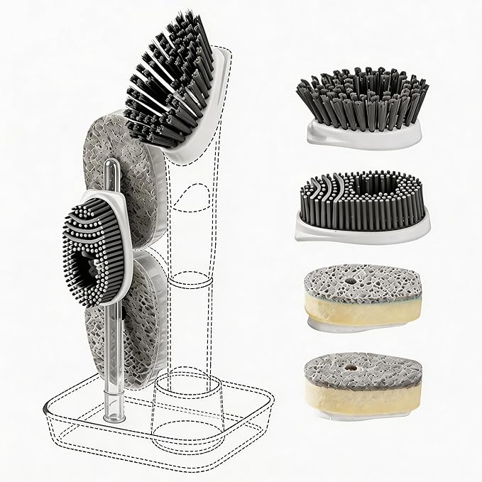Soap Dispensing Scrub Dish Brush Head Replacements - 4 Kitchen Cleaning Brush Dish Wand Head, Scraper Heads for Stubborn Grime on Pots Pans, Stand/Hang Storage-Grey