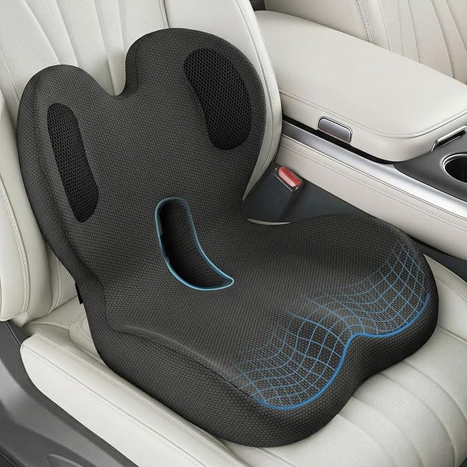 Trucker Seat Cushion, Car Seat Cushions with Lumbar Support Pillow, Ergonomic L-Shaped Orthopedic Memory Foam Pad for Long Driving Back Pain Sciatica Relief, Drivers Office Workers (Black+ Gray)