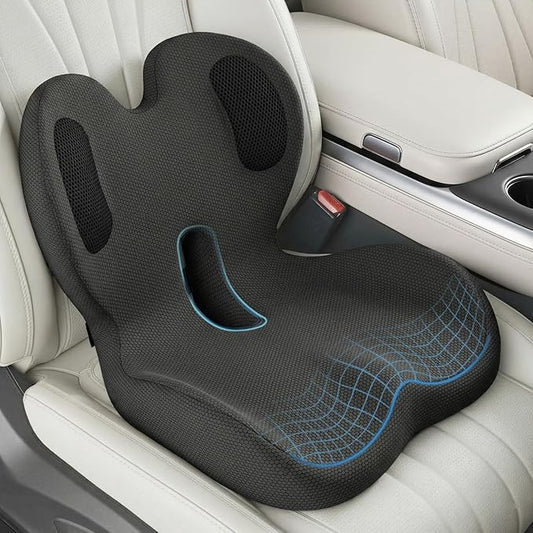 Trucker Seat Cushion, Car Seat Cushions with Lumbar Support Pillow, Ergonomic L-Shaped Orthopedic Memory Foam Pad for Long Driving Back Pain Sciatica Relief, Drivers Office Workers (Black+ Gray)