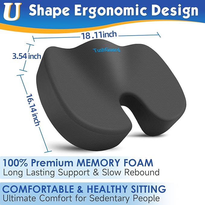 TushGuard Seat Cushion for Office Chair Memory Foam Non-Slip Cushion Back, Coccyx, Sciatica, Tailbone Pain Relief Butt Pillow for Office Chair, Car, Wheelchair, Grey, X-Large