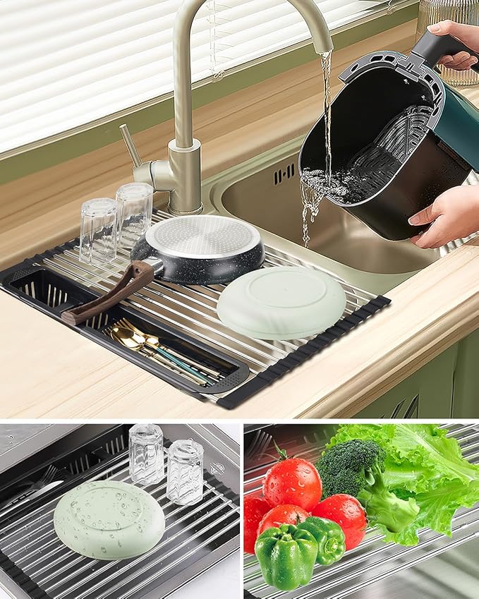 Roll Up Dish Drying Rack,Expandable Over The Sink Dish Drainer,Stainless Steel Kitchen Rolling Sink Rack with Utensil Holder,Length Up to 22.3" (Black)