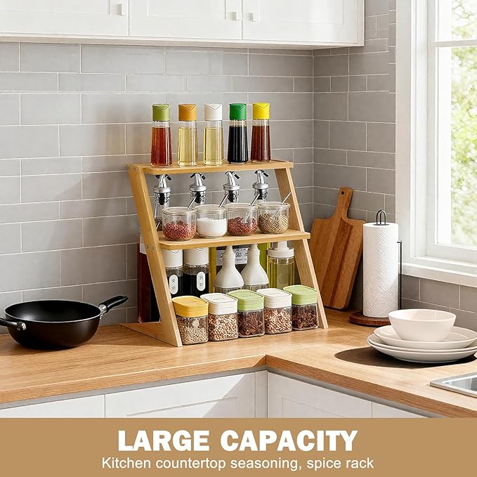 3 Tier Table Top Countertop Small Plant Stand with Shelf Adjustable, Bamboo Wooden Desk Plants Succulent Stand, Office Flower Pot Holder Rack ,Cup Cake Stand, Kitchen Spice Rack