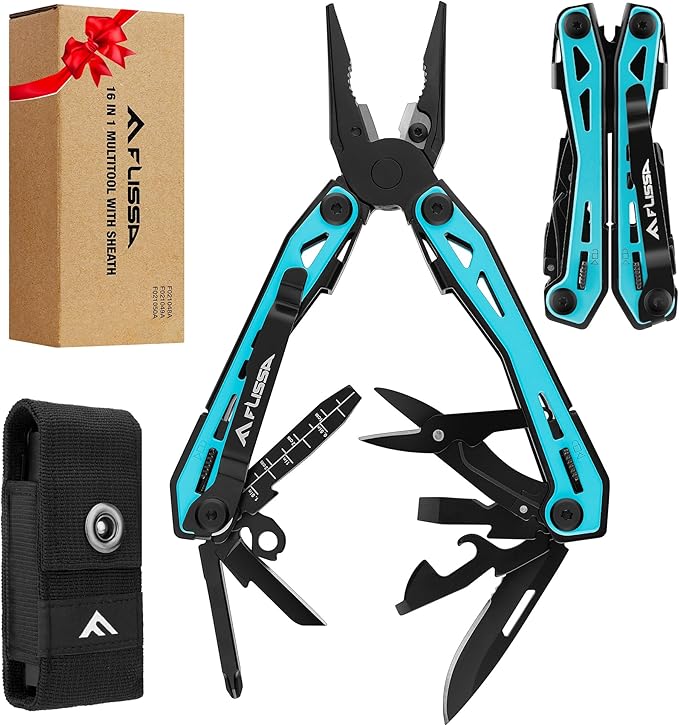 FLISSA 16-in-1 Multi Tool Pliers, Gifts for Men, Stainless Steel EDC Multitool with Pocket Knife, Belt Clip and Oxford Pouch, Self-locking Multipurpose Utility Multi-Tool for Camping Survival Outdoor