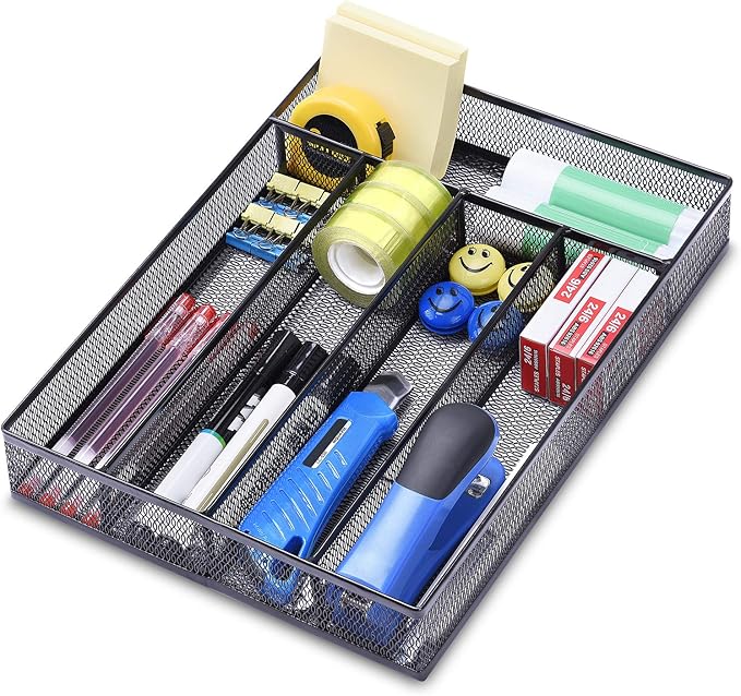 WuGeShop Office Desk Drawer Organizer, 5 Compartments Mesh Drawer Organizer Tray for Storage Art Supplies, Stationery, Black