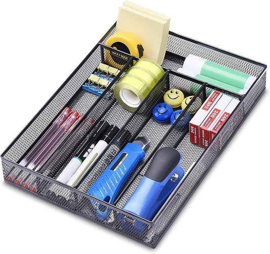 WuGeShop Office Desk Drawer Organizer, 5 Compartments Mesh Drawer Organizer Tray for Storage Art Supplies, Stationery, Black