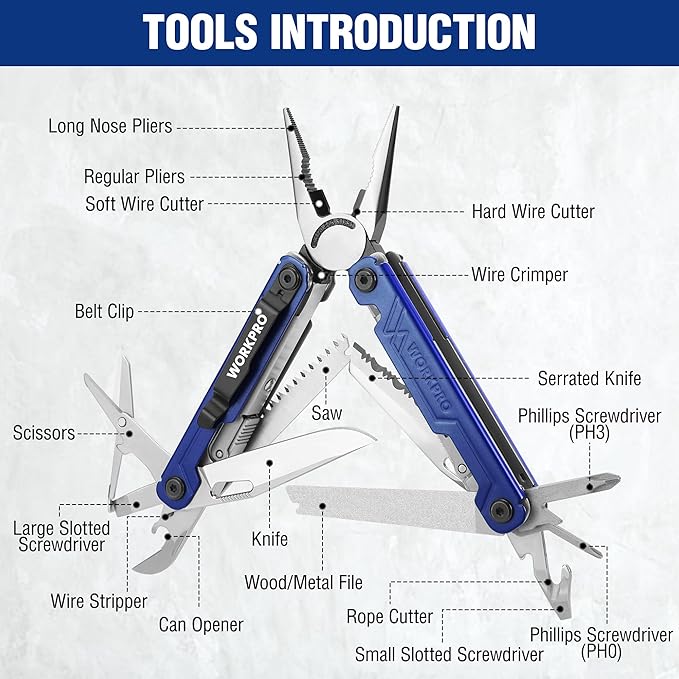 WORKPRO 18-in-1 Multi Tool Pliers, Gifts for Dad, Stainless Steel EDC Multitool with Pocket Knife, 2 Safety Locks, Belt Clip and Oxford Pouch, Multipurpose Utility Multiuse Tool for Outdoor Activities